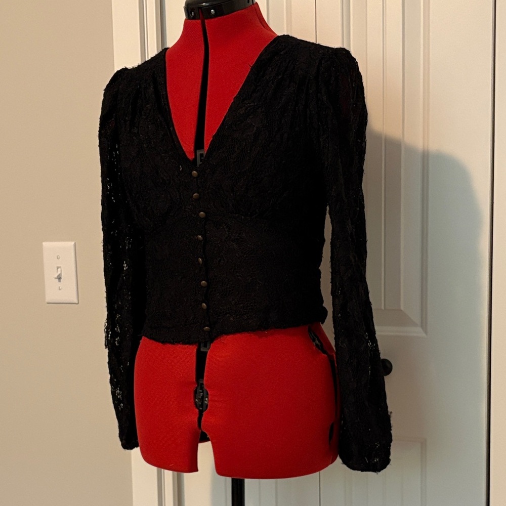 Anthropologie Black Lace Button-Front Blouse
